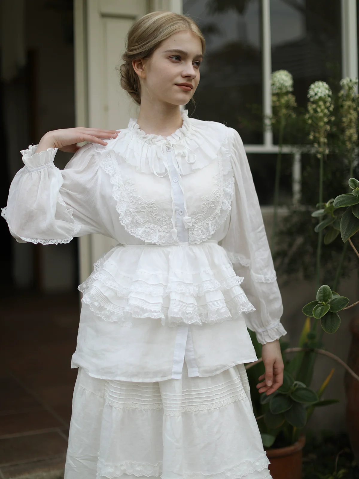 

Spring Summer Women Lotus Leaf Collar, French Embroidery, Lantern Sleeve, Natural Linen Fabric Elegant Shirts/Blouses