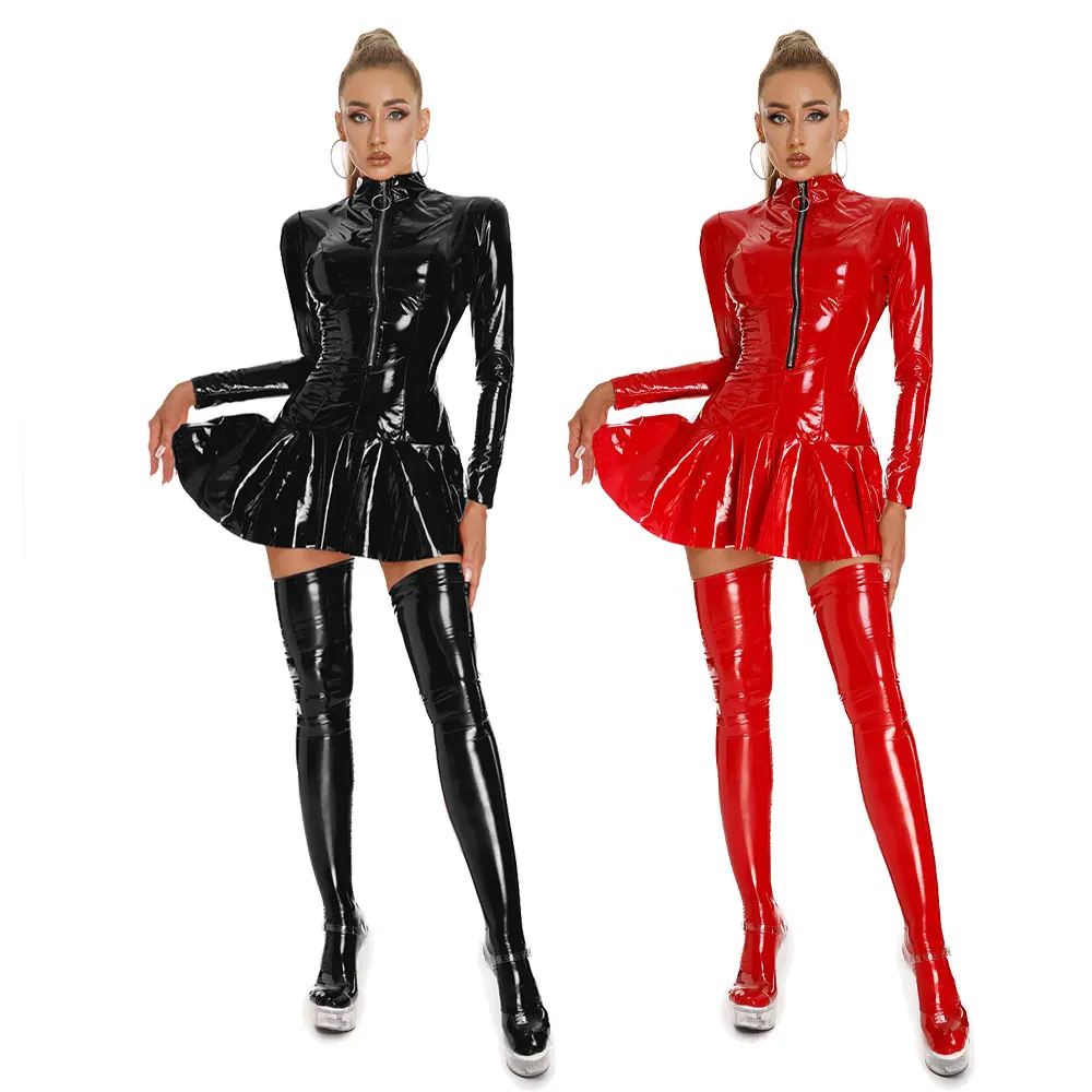 Reißverschluss-Latex-Minikleider für Damen, Sexy Glänzende Leder-Outfits, Figurformendes Latex-Plissee-Kleid für Club-Auftritte, Elegantes Kurzes Kleid