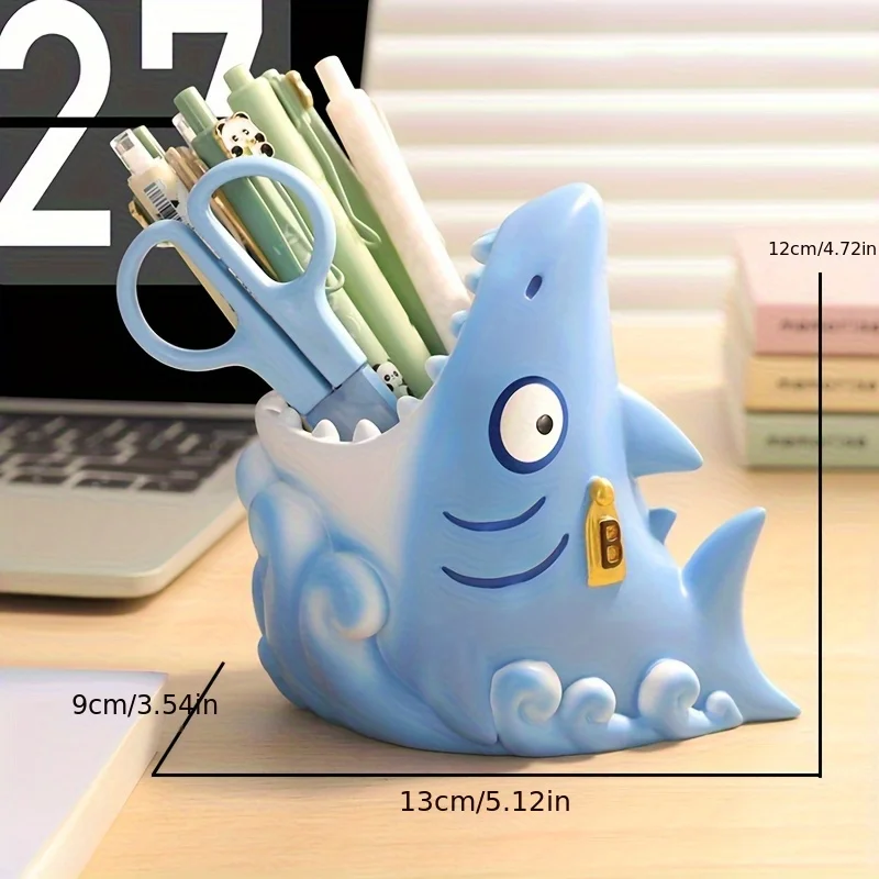 منظم مكتب لطيف على شكل قرش، حامل أقلام من الراتنج ورف لديكور المكتب والمدرسة، هدية عيد ميلاد للطلاب المحترفين