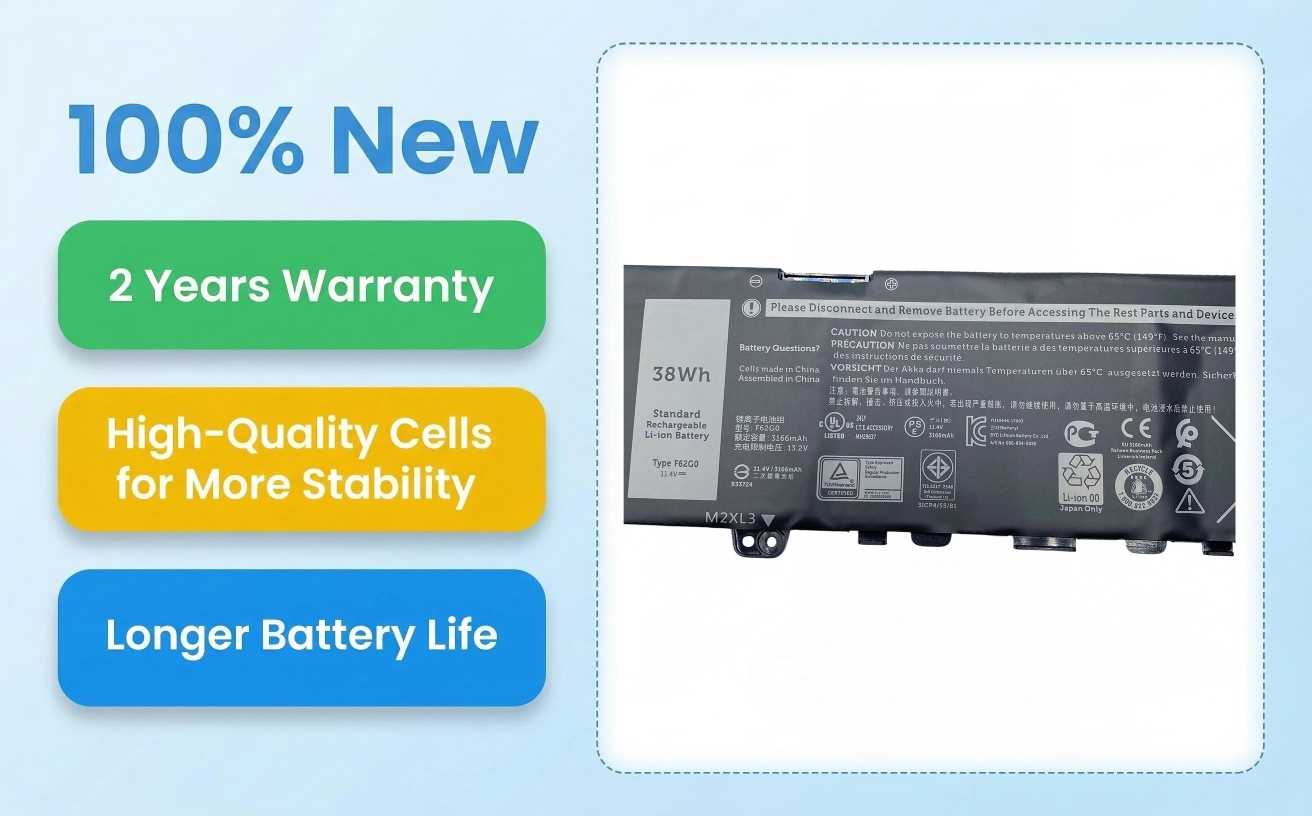 New F62G0 11.4V 38Wh Laptop Battery For DELL Inspiron 13 7386 2-in-1 5370 7370 7380 7373 Vostro 5370 RPJC3 P91G P83G P87G 039DY5