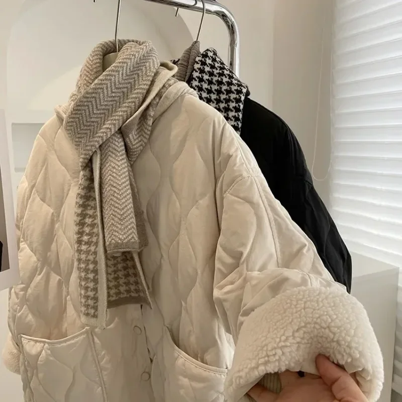 Winter Imitation Lamb Fleece Spliced Down Cotton Jacket for Women, Korean Edition Loose Ling Grid Lightweight Warm Cotton Jacket