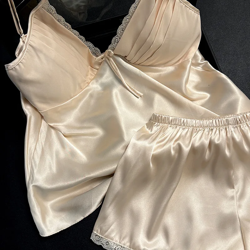 

2025 Summer New Sleepwear Sexy Gold Pajamas Suit Mini Shorts 2Pcs Pjs Lace Trim Homewear Lady Underwear Satin Lingerie Nightwear