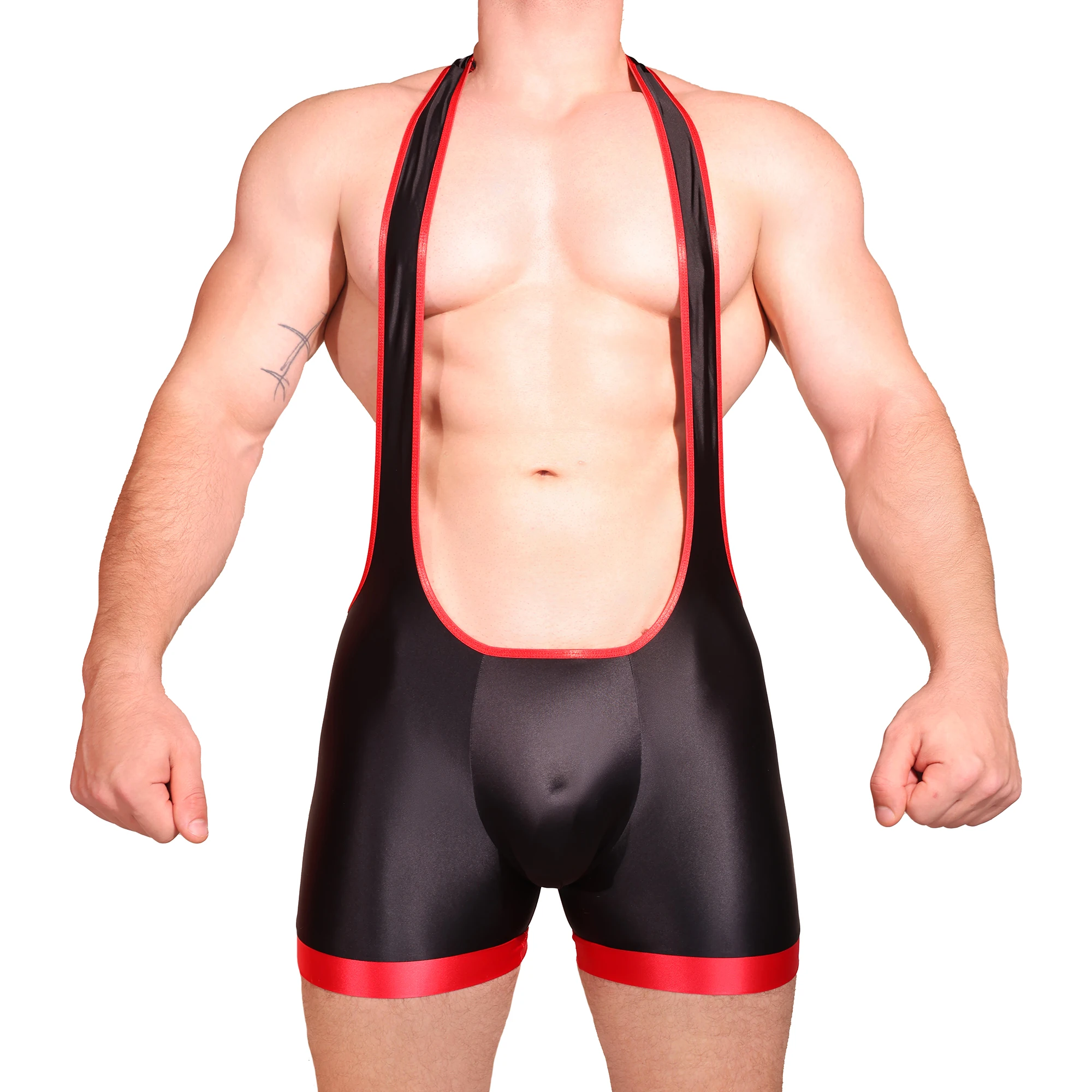 

Solid Color Tight Fitting Mens Flat Angle Jumpsuit Boxer Sports Wrestling One-piece Vest U-shaped Expansion Bag Erotic Bodysuits