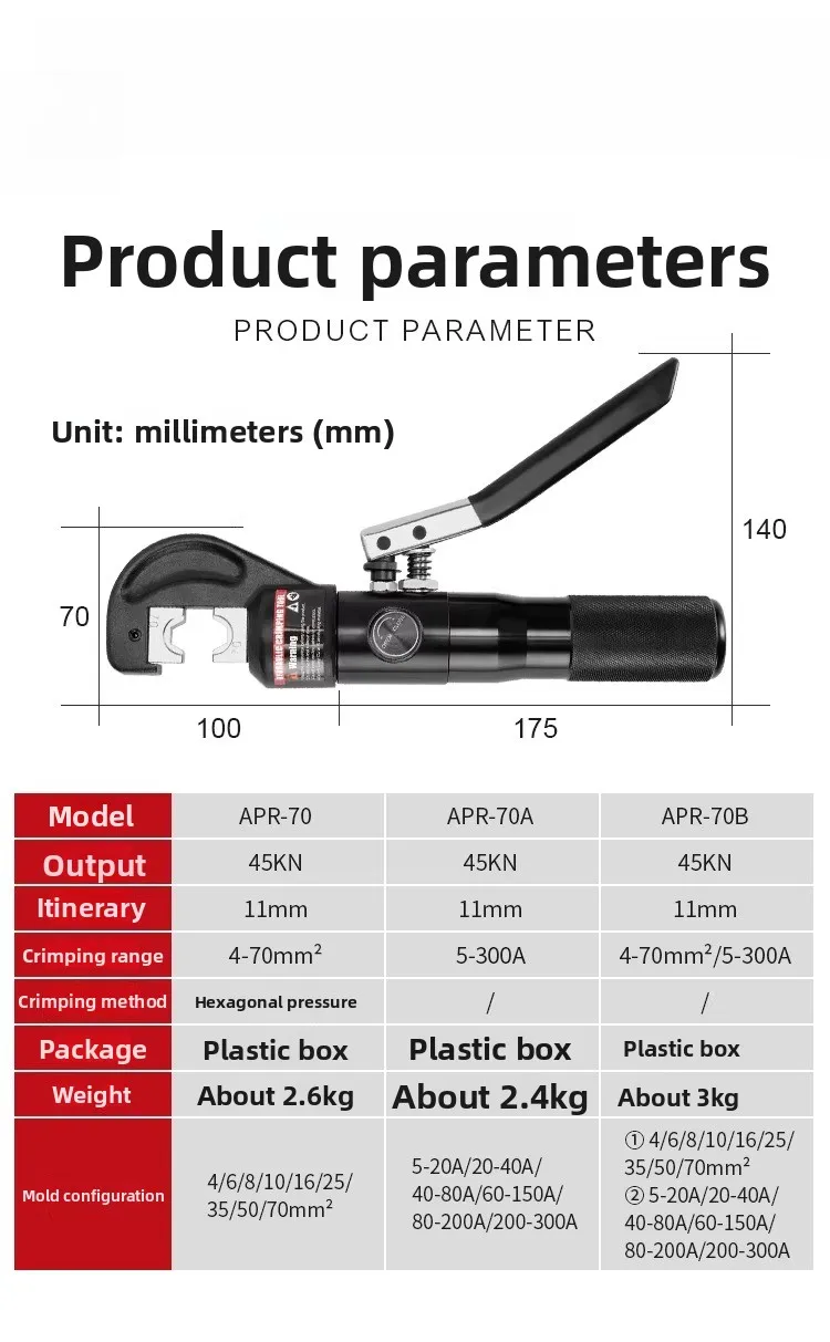 APR-70 All-in-One Aluminum Manual Hydraulic Crimper - Cable Press Tool for Copper/Aluminum Terminals, Electrician Tool