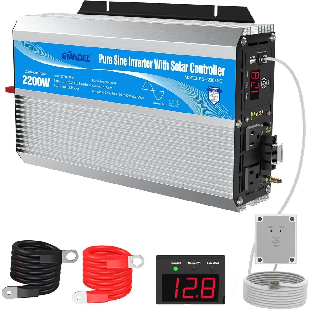 Pure Sine Wave Power Inverter 12V DC to 110V 120V AC with 20A Solar Charge Control Lithium Battery Compatible and Remote Control