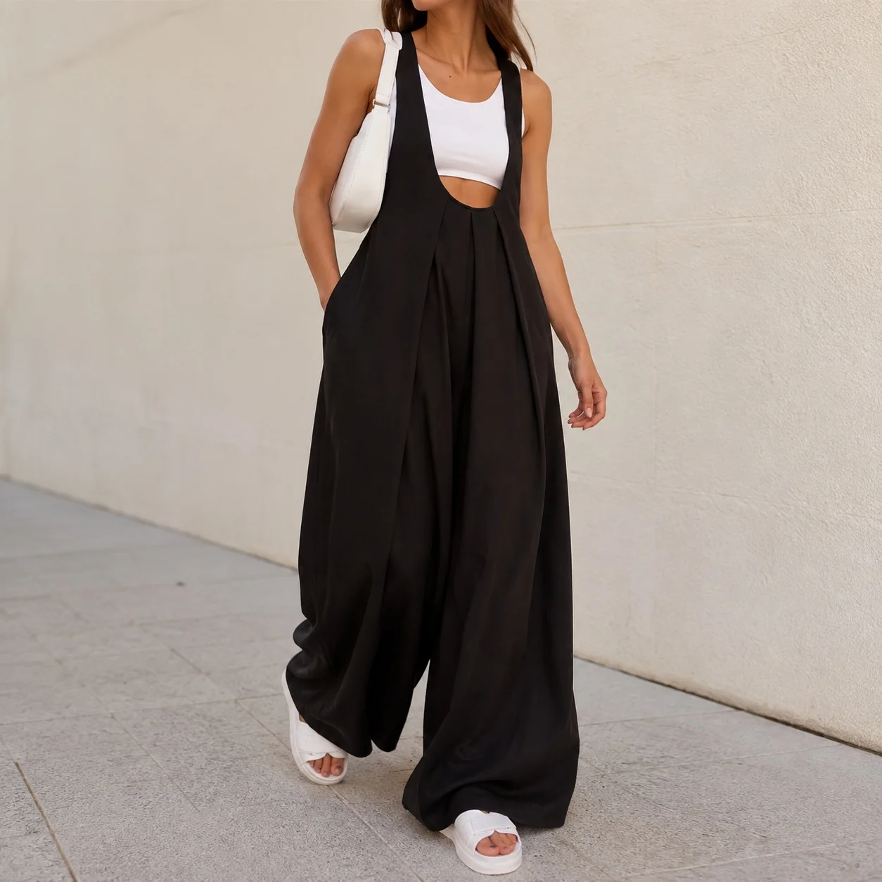 Loose Fit Pull on Dress Princess Cut Street Style with Elastic Waist Summer Dress Women Jumpsuit Princess Silhouette Maxi Length