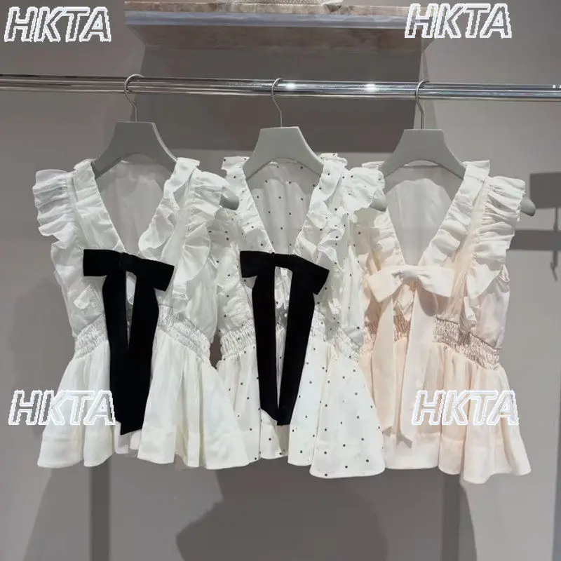 

Japanese 2026 Summer Sweet V Neck Flying Sleeve Waist Shirt Commuting Temperament Polka Ribbon Bow Ruffle Edge Blusas Top Women