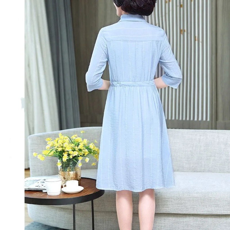 2024 Summer New Women's Fashion Commute Square Neck Spliced Striped Shirring Drawstring Button Half Sleeve Slim Fit A-line Dress image 6