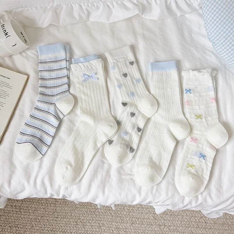 Women's Socks Summer Hollow Thin Mesh Breathable Heart Print Medium Tube Socks Women Striped Cute Bow Lolita Kawaii Frilly Socks