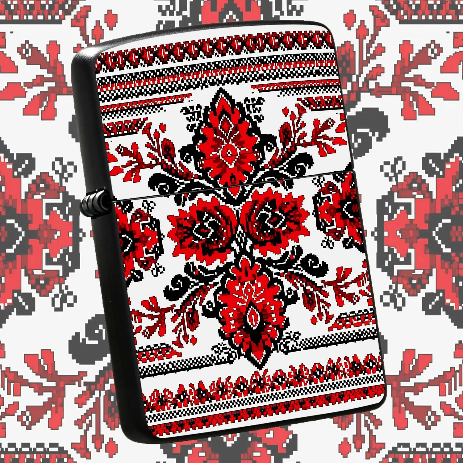 Ukrainian Ethnic Embroidery Pattern Lighter, Retro Red Black Symmetrical Ornate Decor Style, Portable All-scene Usable Tool for Lighting Candles, Camping Fire, Household Stove, Exquisite Durable Practical Gift for Daily  A Humorous And Inte