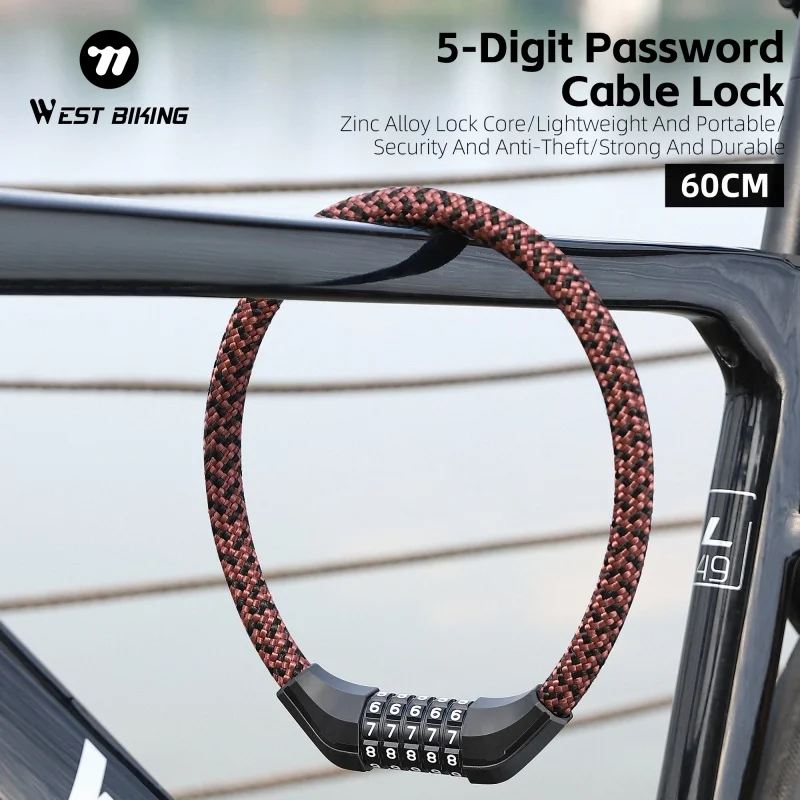 

WEST BIKING Bicycle Cable Lock 5 Digits Password Anti-Theft Bike Padlock Thicken Durable Motorcycle Electric Bike Scooter Locks