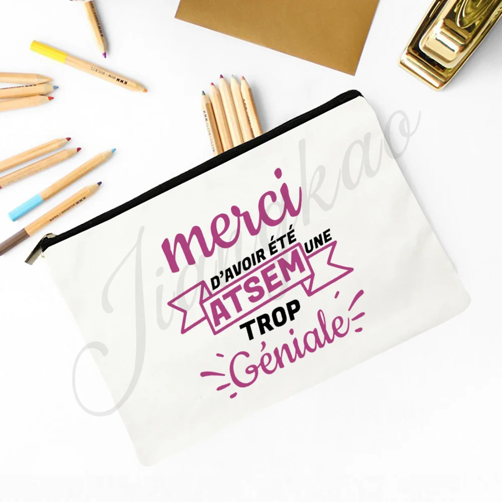 Merci Maitre Atsem French Printed Pencil Bag Stationery Bags Travel Makeup Pouch Teacher's Day Graduate Thanks Gift for Teacher