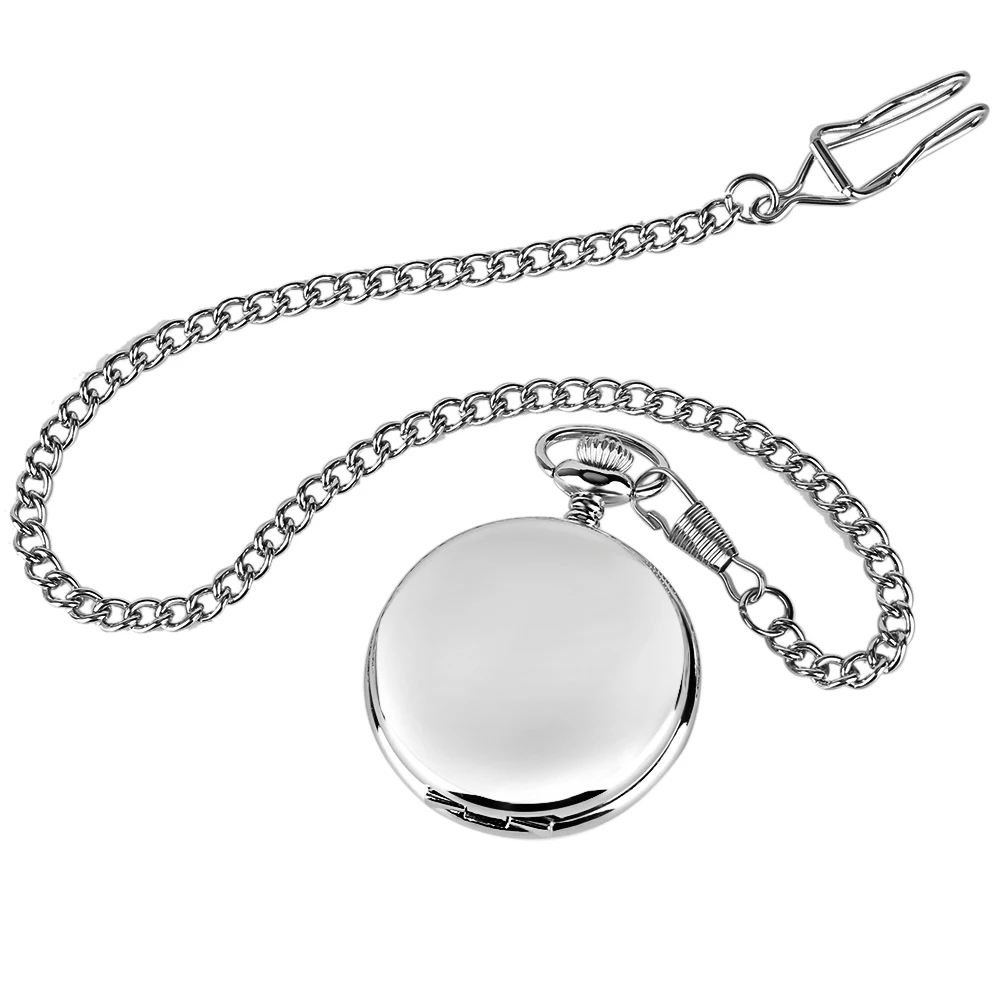 Retro Roman Numerals Dial Smooth Silver Pocket Watch with 30 cm Pocket Chain Quartz Movement Vintage Pendant Watch Gift for Men