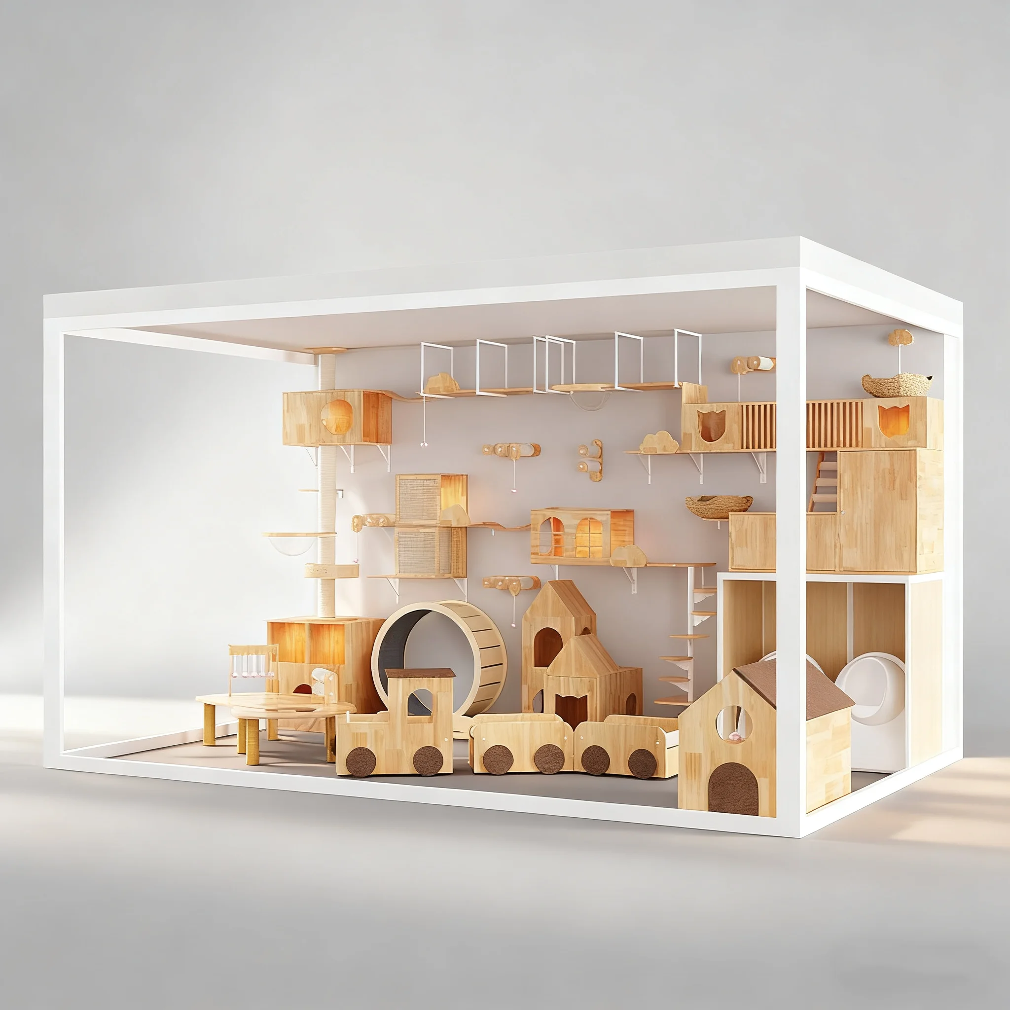 Luxury Customizable Carbon Steel Frame With Rubber Wood Board Tempered Glass Pet Tree Tower Cabinet Large Space Cat House Villa