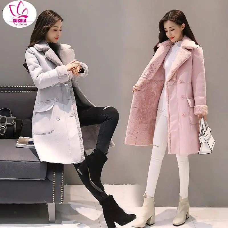 SUSOLA Winter Women Jackets Long Sleeve Warm Coat Parka Female Portable Outwear Cotton Liner Trend Collar Clothes Lamb Hair Coat