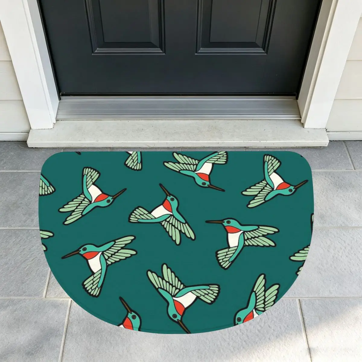 Hummingbird Pattern Soft Flannel Half Round Doormat Non Slip Bathroom Mat Absorbent Floor Carpet for Home Bedroom