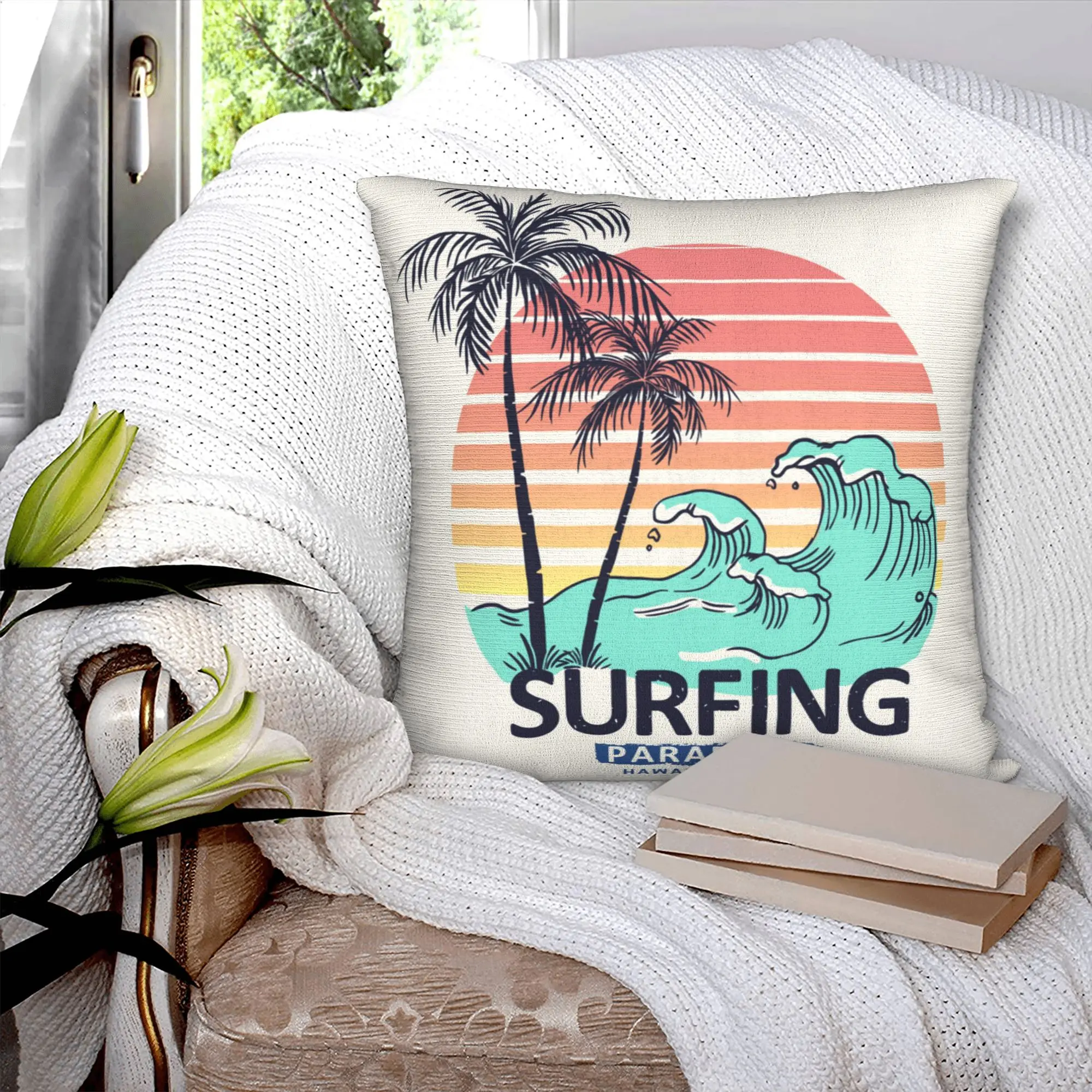 Luxury Summer Surfing Cushion Cover 40x40cm Velvet Beach Seaside Surfer Throw Pillow for Sofa Square Pillowcase Home Decorative