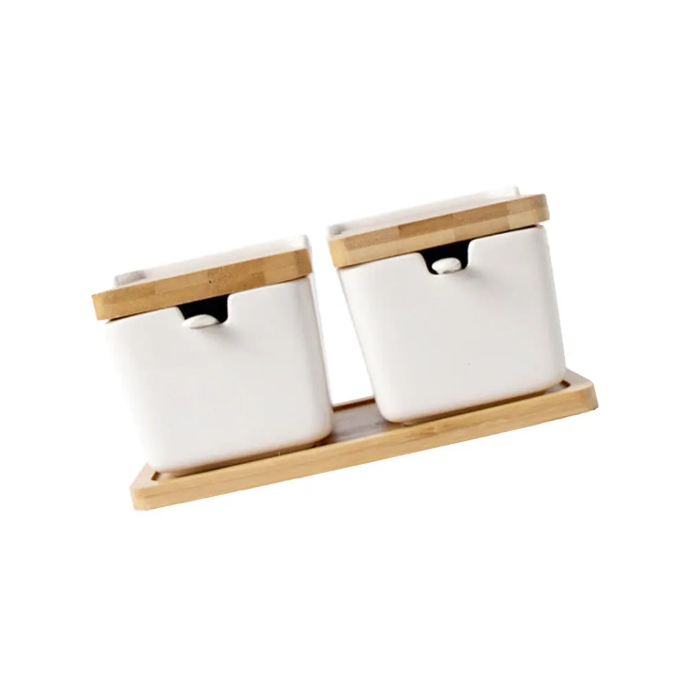 

2 set Salt Shaker Condiment Jar Set Dustproof Bamboo Lid Spice Storage Container Japanese Style Restaurant Home Use Seasoning