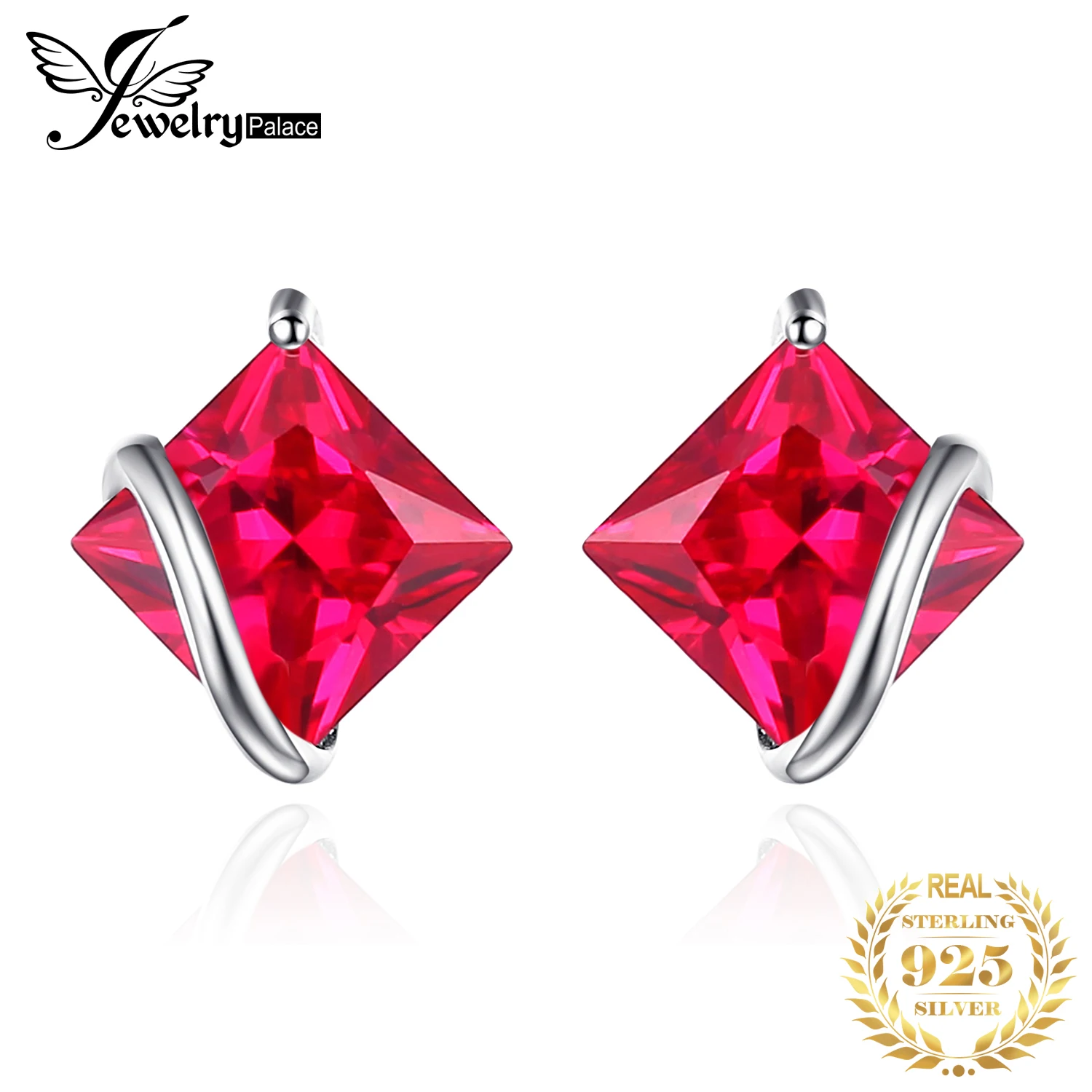 JewelryPalace Square Created Red Ruby 925 Sterling Silver Stud Earrings for Women Fashion Jewelry Gemstone Silver Earrings