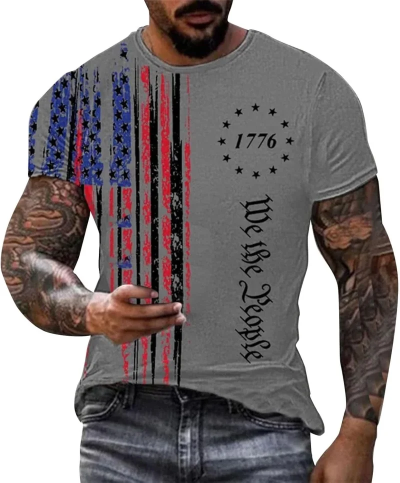 Summer Men Casual Short Sleeve T Shirts 3D Printed American Flag Graphic Round Neck Tee Shirt Tops Streetwear Mens Tshirts