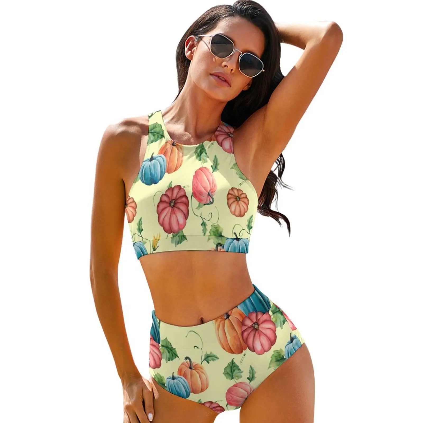 

Pumpkins Print Bikini Swimsuit Orange and Blue Swimwear Female Sexy Sweet Bikini Set Graphic Swimsuits Birthday Present