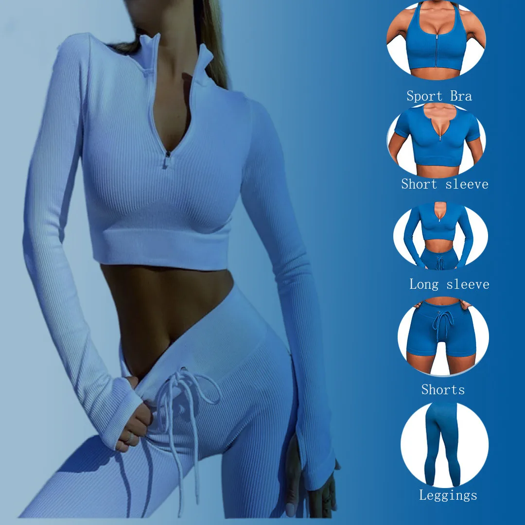 Hot Sale  Fitness Clothing Seamless Ribbed Yoga Set Running Tops ActiveWear 5 Piece Outdoor Workout Sports Women's Gym Wear