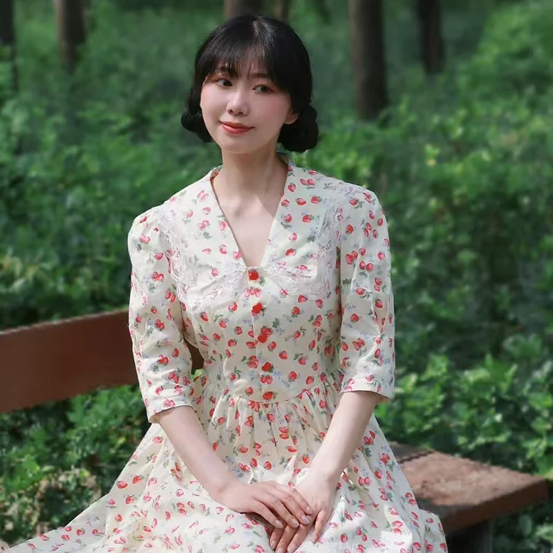 AnXin SH vintage princesa beige algodón fresa flor encaje cuello en v media manga botón rojo cremallera vestido de noche personalizado