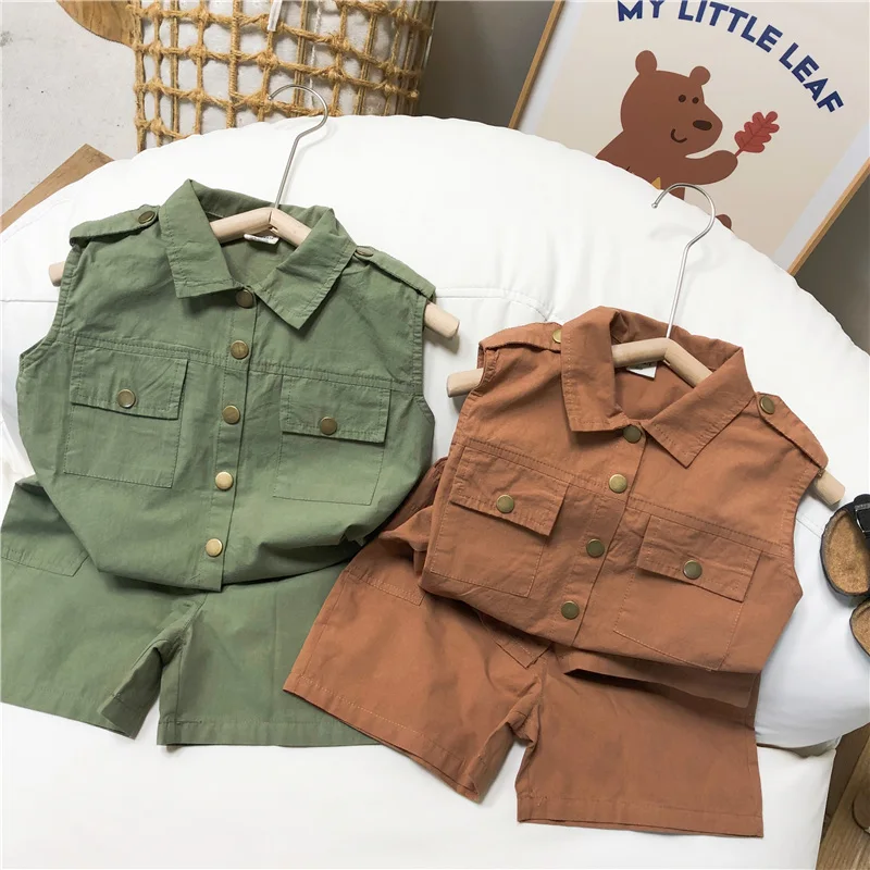 Summer Kids 2024 Summer Baby Boy Set Child Button Shirt Cargo Shorts Multi-pocket Workwear Suit Sleeveless Top Shorts Cotton Set