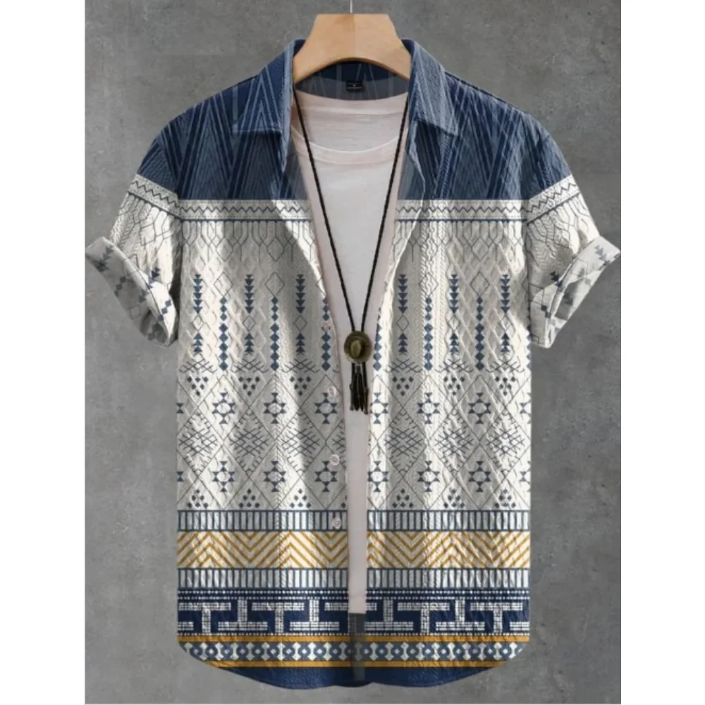 

Men's linen casual fashionable short sleeved shirt, collar button top, ethnic style clothing, unique pattern artistic linen comf