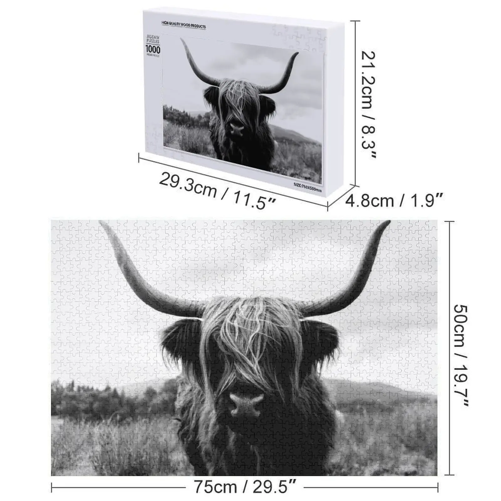 スコットランド高地牛 - 黒と白の動物写真ジグソーパズル カスタム木製ギフト パーソナライズされた子供用ギフトパズル