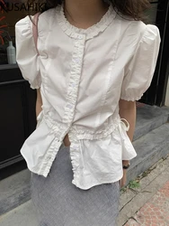 KUSAHIKI French Style Fungus Edge Slimming Waist Short Sleeved Shirt for Women's 2024 Spring/summer Korean Blouse Tops