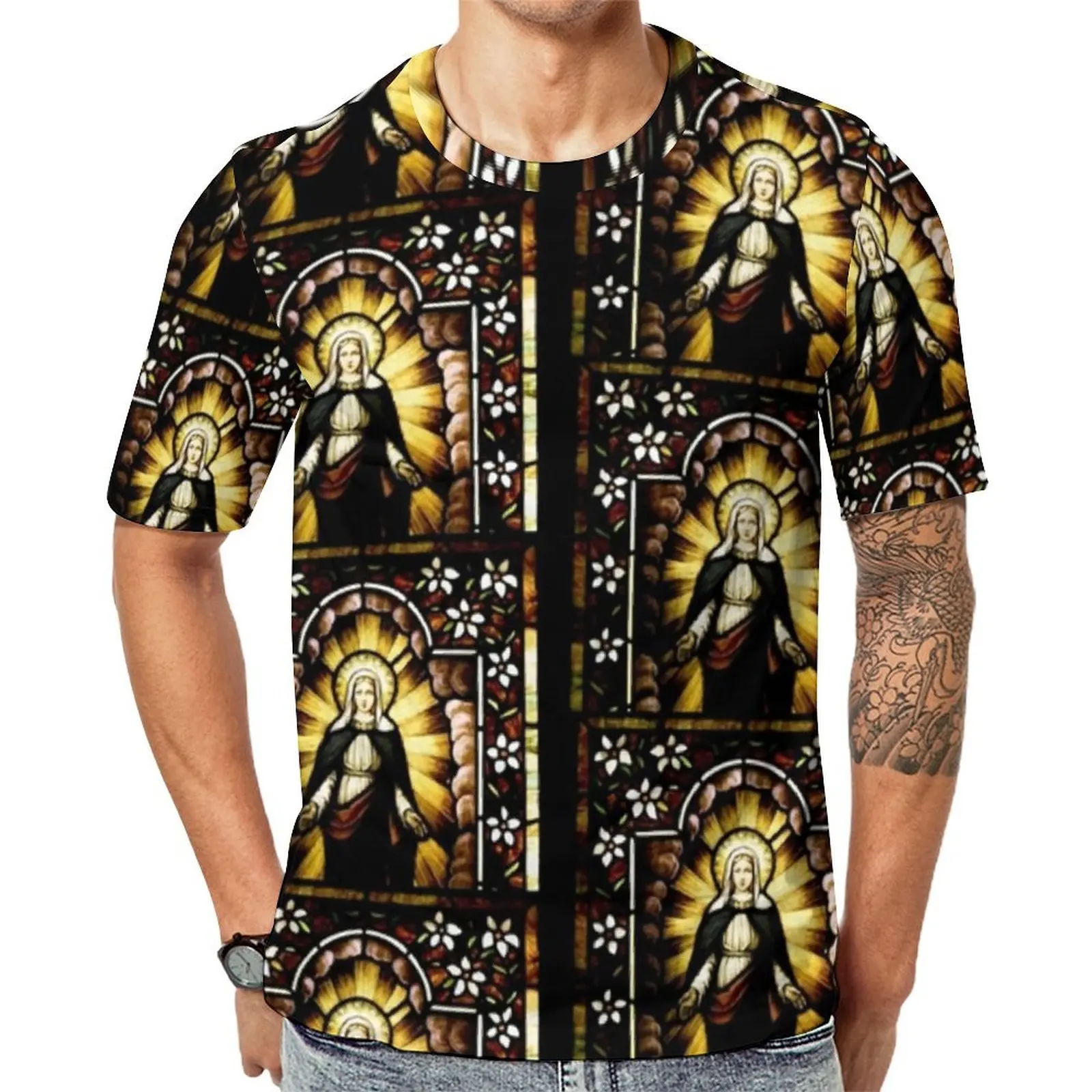 Blessed Virgin Mary T Shirt Vintage Stars Print Hip Hop T Shirts Men Funny Tshirt Summer Short Sleeve Pattern Top Tees Plus Size