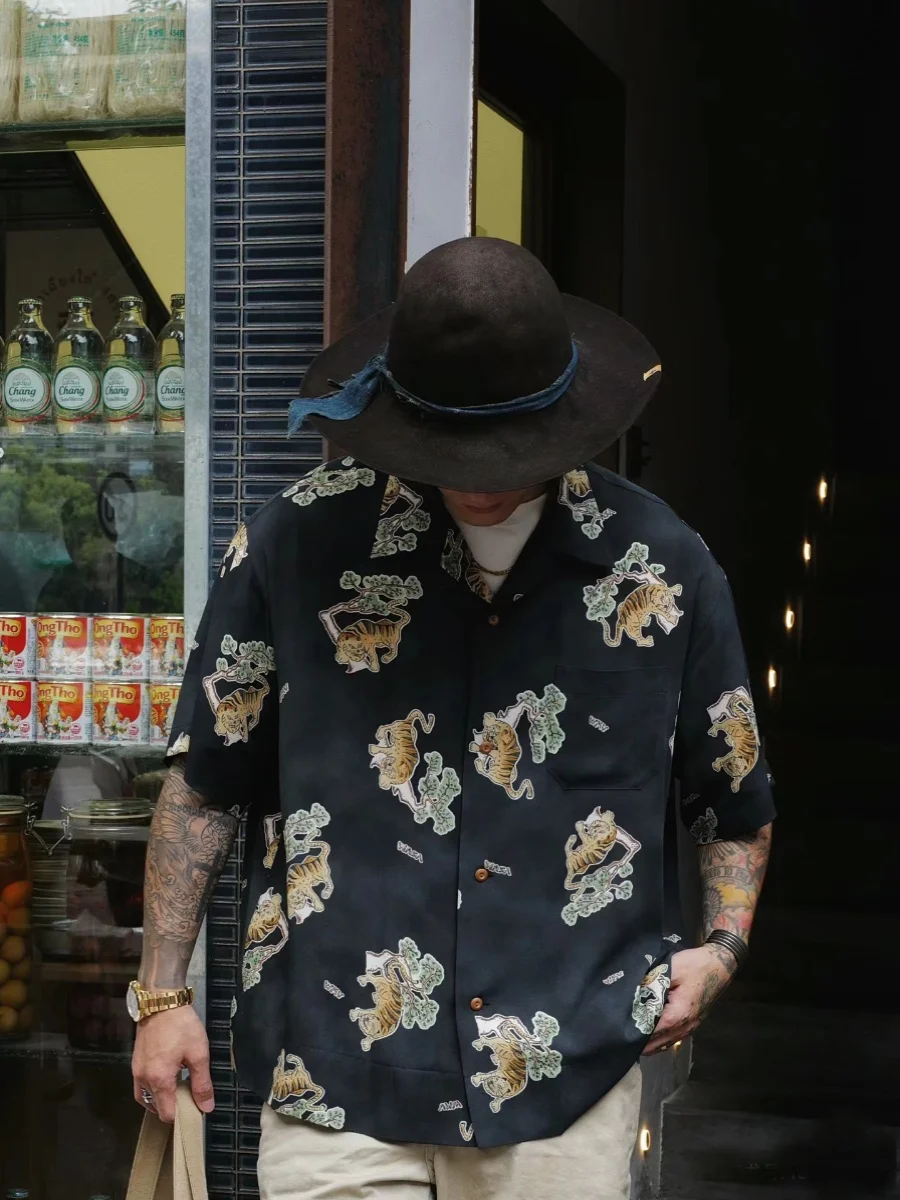 

Visvim Fil 24Ss Cope Tora Silk Youth Summer Hawaiian ort Sve irt Tiger Pattern Loose Fit Regular Thin Japanese Re...