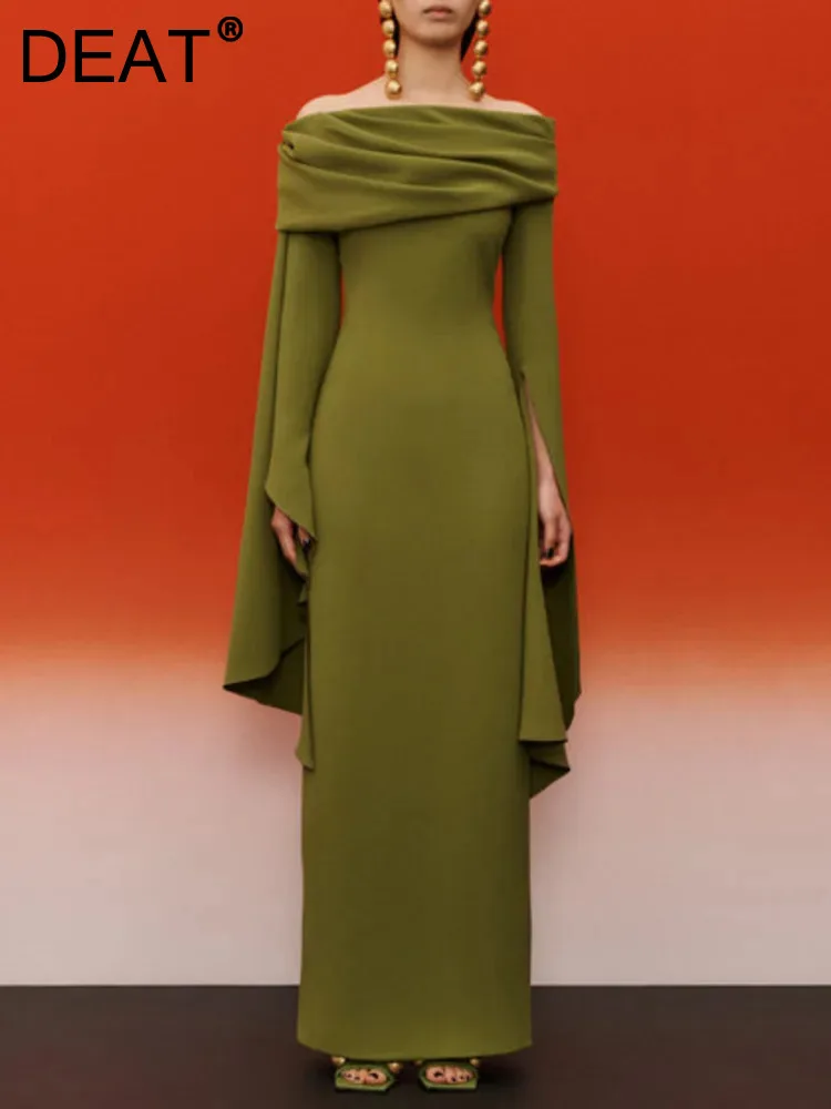 DEAT Elegant Dress Irregular Flare Sleeve Slash Neck Slim Women\'s Customized Evening Dresses 2024 Autumn New Fashion 13DB4299