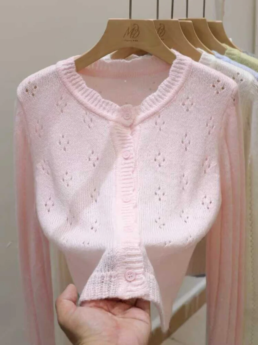 

Soft ort Knitted Cardigan Women's Sle Korean Version Versatile Hollow out Lace Trim Spring Autumn Top Commute Suitable