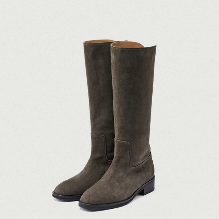 Korean Style Minimalist High Tube Knee High Boots Autumn Winter New Genuine Leather All Match Velvet Surface Vintage Wide Tub...
