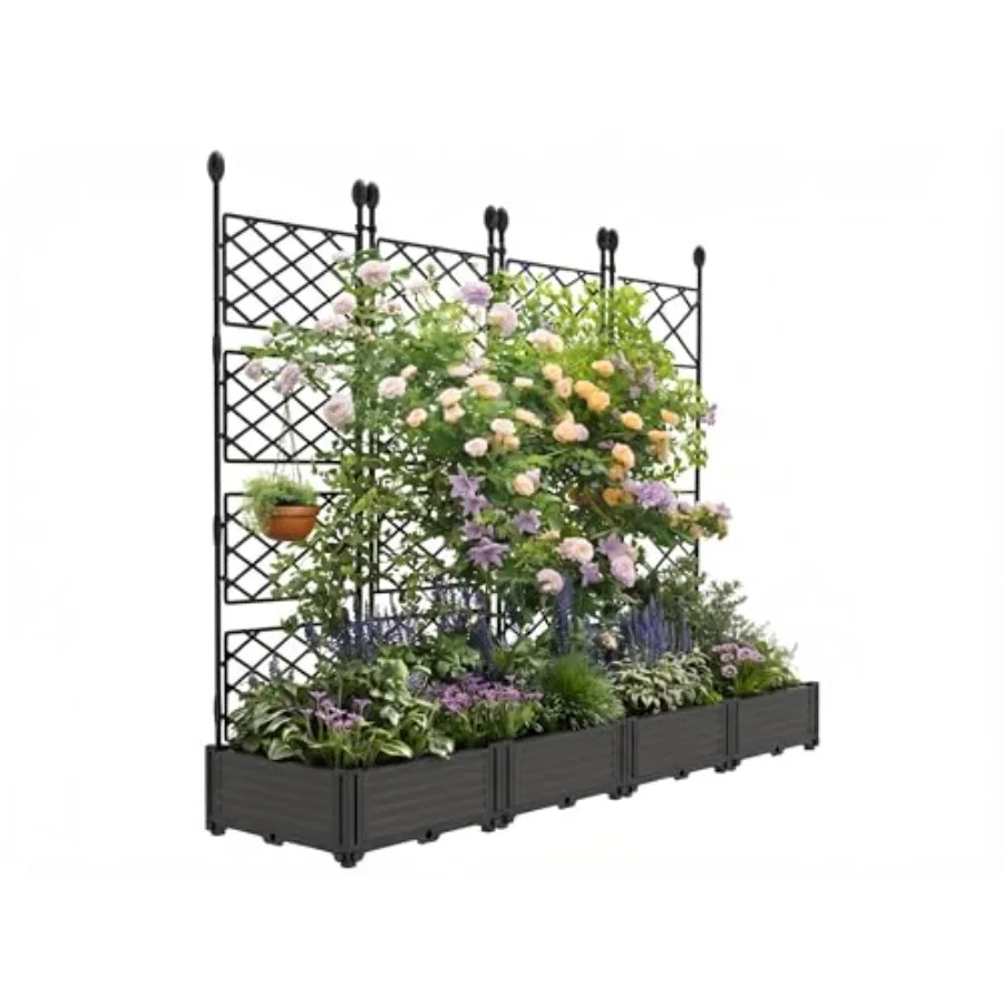 4-Section Sturdy Weather-Resistant Raised Garden Bed with Metal Trellis, Vertical Modular Planter Box and Privacy Screen for Cl