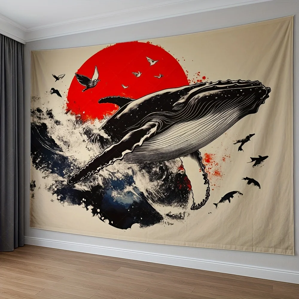Background for whales breaking through the wave wall covering, vibrant birds and shark-like creatures design tapestry