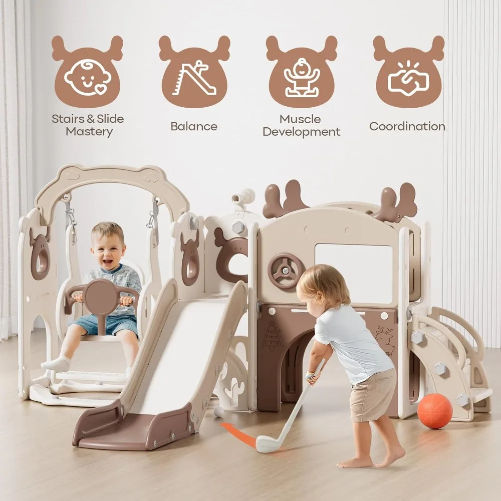 Juego de columpio y tobogán para niños pequeños, equipo de juego 12 en 1 para edades de 1 a 3 años, adecuado para uso en interiores y exteriores con baloncesto y dibujo