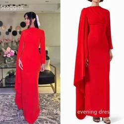 Scoggins Red Column Scoop Neckline Floor-Length Zipper Up Evening Dresses Long Sleeves Vestidos De Festa Elegant Party Dresses