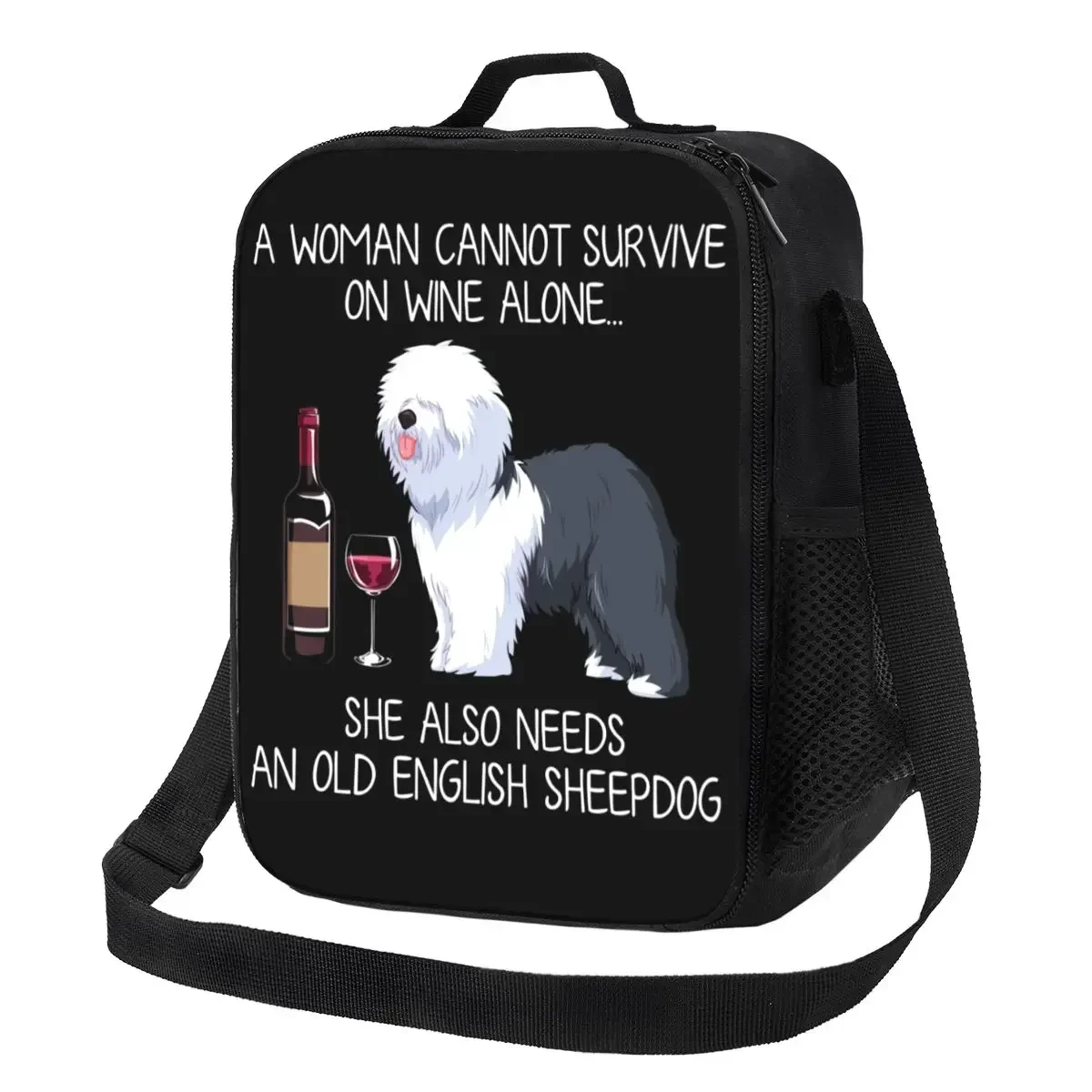 Old English Sheepdog And Wine Insulated Lunch Bag for School Office Funny Dog Animal Cooler Thermal Lunch Box Women Kids