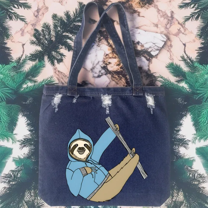 Kawaii Faultier Sorry I Can't I'm Very Busy Retro Washed Denim Handtasche Herbst Lazy Vielseitige Tragetasche Große Umhängetasche für Frauen