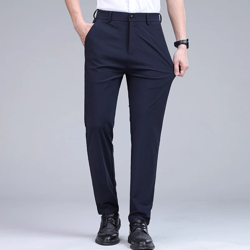 

Мужские деловые повседневные брюки из ледяного шелка 2026: Новые летние тонкие прямые брюки-костюм для работы, универсальные, с эластичным поясом, мягкие, из ледяного шелка