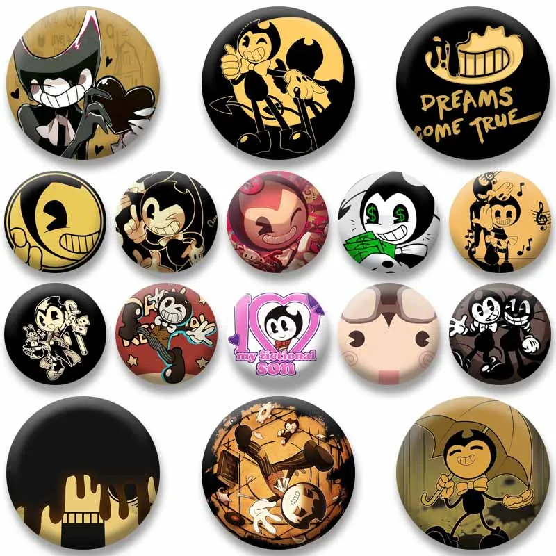 Horror Anime Game Bendy and The Ink Machine Brooch on Backpack Clothes Decor Tinplate Round Badge Funny Lapel Pins Friend Gifts