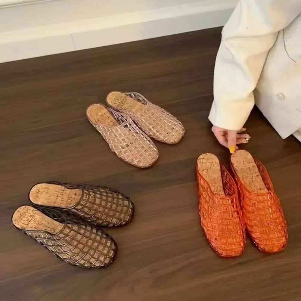 

Round Toe PVC Crystal Slippers Soft Transparent Fishing Net Jelly Sandals Flat Low Bottom Non-Slip DIY Shoes Charms Shoes Girls