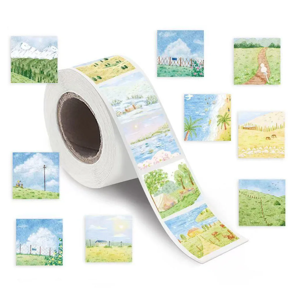 500Pcs/Roll INS Aesthetic Floral Scenery Stickers Cute Sealing Washi Labels for Scrapbooking Journal Handmade Package DIY Decor