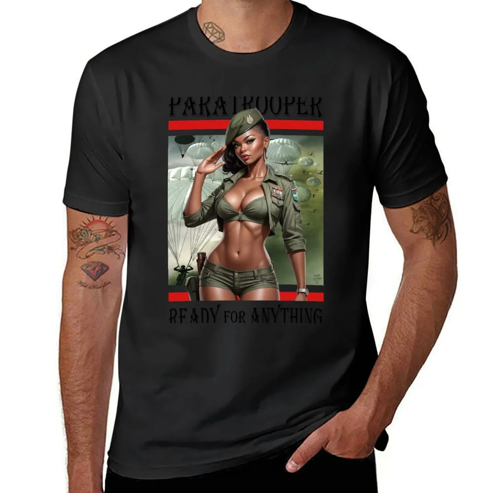 Paratrooper; Ready for Anything; Pin Up Girl; T-Shirt quick-drying tees mens graphic t-shirts funny