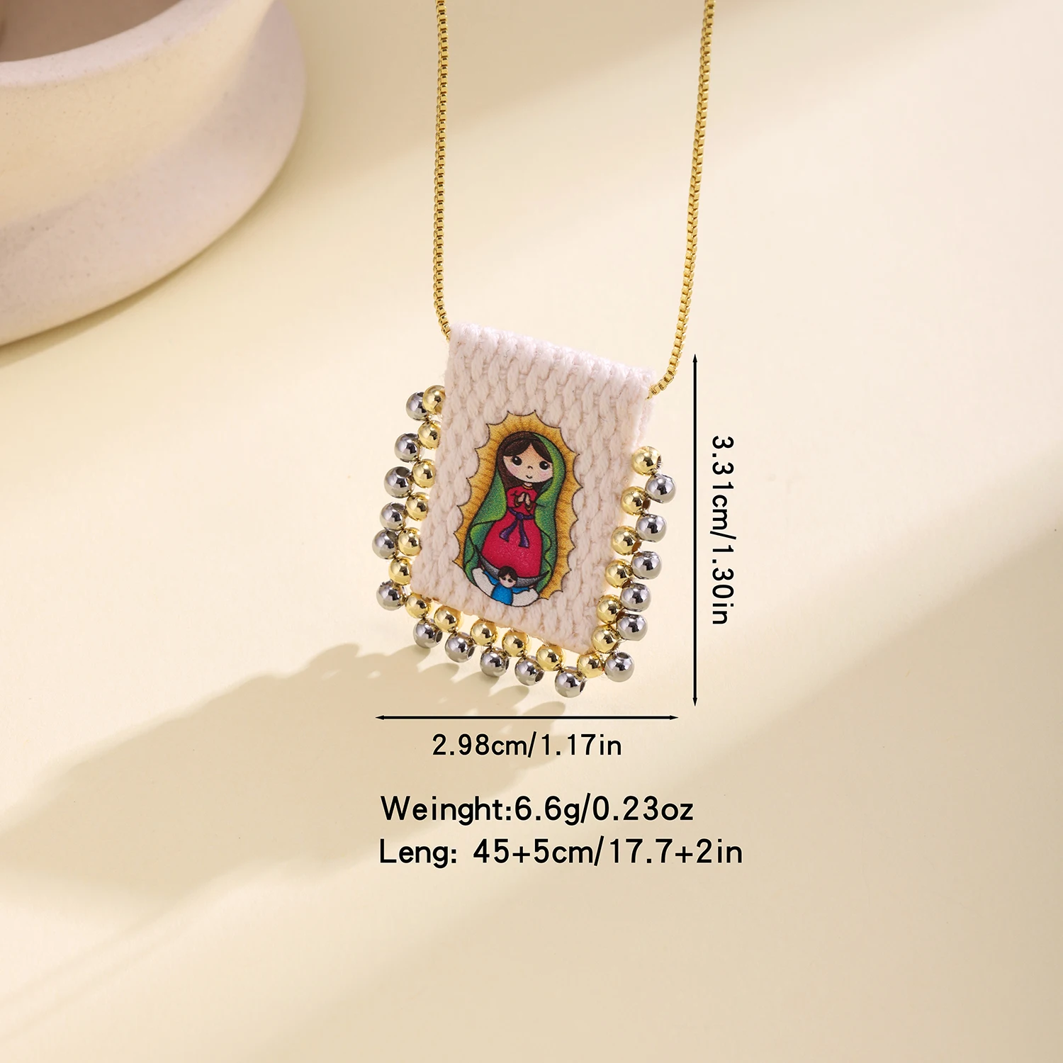 Nidin Catholic Necklace Mini Cartoon Virgin Mary Jesus Sacred Heart Pendant Beaded Edge Fabric Religious Jewelry For Women Men