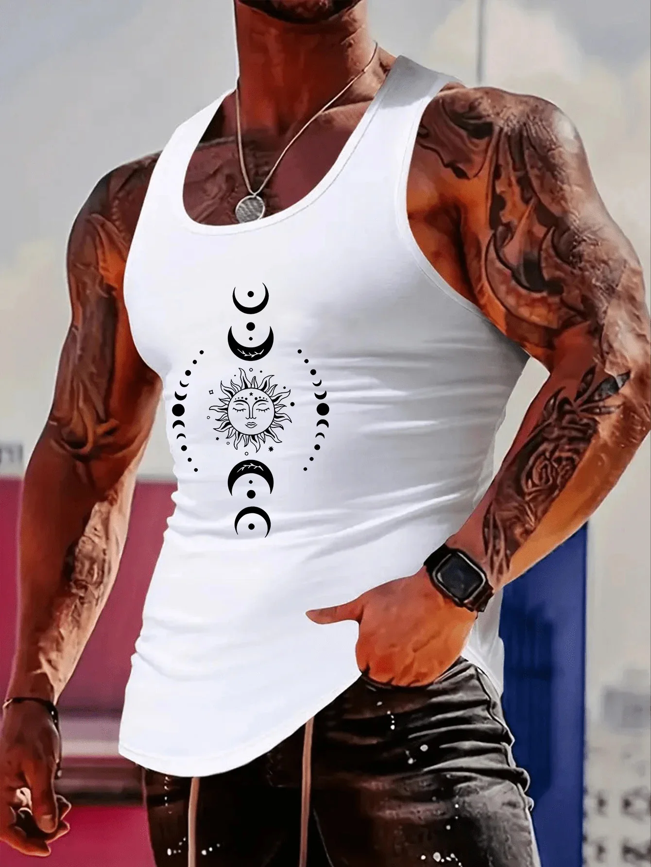 

Fashionable trend muscular man, creative sun god, printed vest