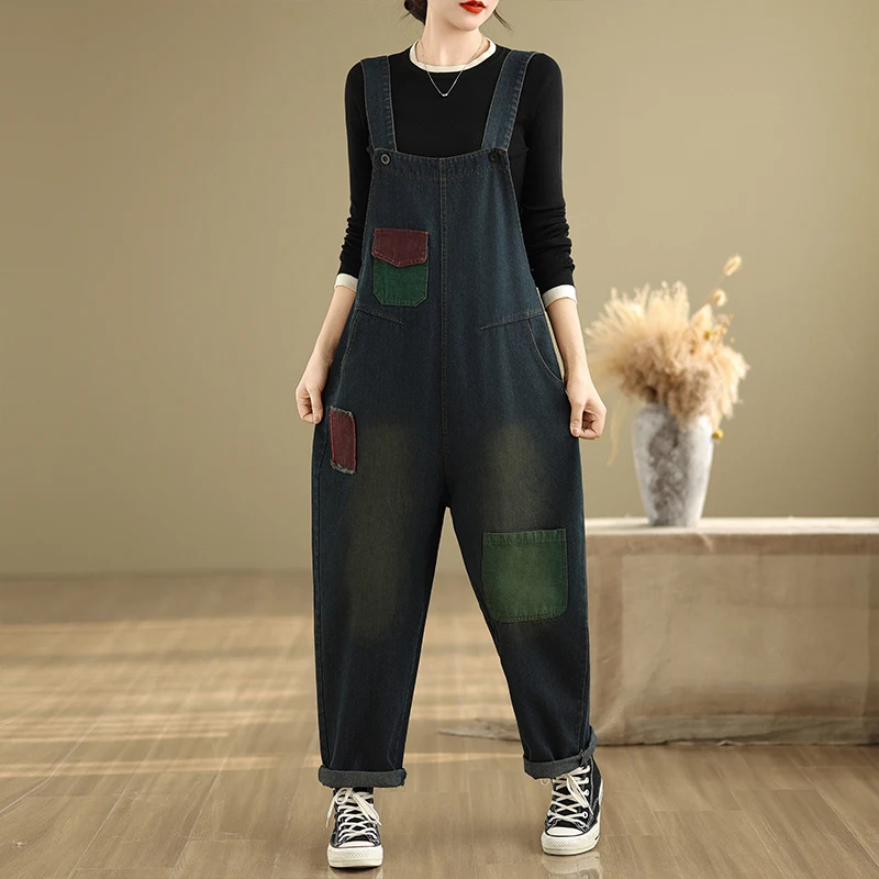 Damskie ogrodniczki dżinsowe na wiosnę i jesień, plus size, dla puszystych, modne, patchworkowe, ukrywające niedoskonałości, spodnie typu harlan, rekreacyjne, ter Dr